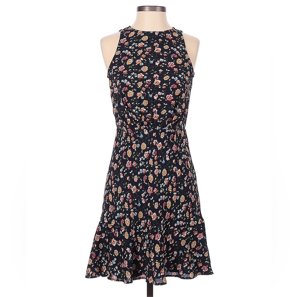 J. Crew Sleeveless Dark Blue Floral Chiffon Ruffle Hem Dress 00